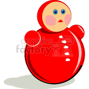 This clipart image depicts a toy that resembles a combination of a Russian nesting doll (Matryoshka) and a roly-poly toy. It has a rounded, red body with white accent dots, perhaps suggesting buttons, and two arms. The head is also round with simple facial features: two blue eyes and a smaller circle for the mouth. The toy seems to have a weighted bottom, indicated by the shadow beneath, which would allow it to return upright after being pushed, a characteristic feature of a roly-poly toy.