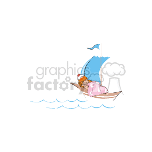 The image shows a young girl sleeping peacefully in a small sailboat on the water. The sail of the boat is raised, and she is lying down, using a pillow, with a blanket over her. The background is transparent.