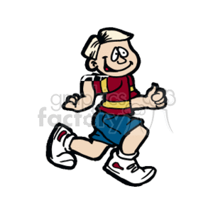 The clipart image depicts a cartoon of a boy running. He is smiling and appears to be in motion with his arms and legs positioned to show action. The boy is wearing a red and yellow striped shirt, blue shorts, and white sneakers with red detailing.