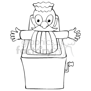 This image features a clipart representation of a traditional Jack-in-the-Box toy. It's a stylized, simple drawing showing the moment when the Jack character has sprung out of the box. The character has a clown-like appearance with a pointed hat and a wide grin. The box has a crank on the side, indicating that turning the crank will cause the character to pop up.