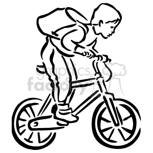 Black and white boy riding his bike with a backpack on his back