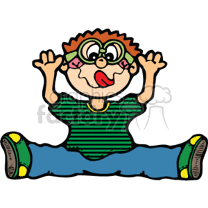 The clipart image portrays a cartoon depiction of a young boy making a funny face by pulling down his lower eyelids with his fingers. He's wearing a striped green and white shirt with a yellow collar, blue jeans, and green shoes with yellow soles. He has curly hair, is sticking out his tongue, and is sitting with his legs wide apart.