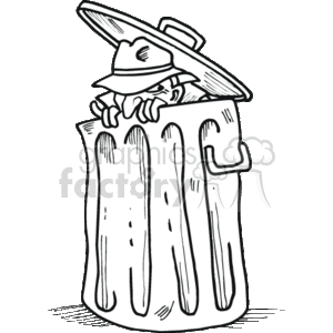 This clipart image shows an incognito character that resembles a detective or investigator hiding inside a garbage can. The figure is wearing a hat that is commonly associated with classic detective attire, and their eyes are just visible over the rim of the can, suggesting a secretive or stealthy behavior, often seen in depictions of sleuths gathering information or conducting surveillance.