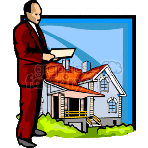 The clipart image depicts a person dressed in a formal suit, appearing to be a real estate agent or realtor, presenting or showcasing a model of a two-story house. The background suggests a blue sky which implies the setting might be outdoors.