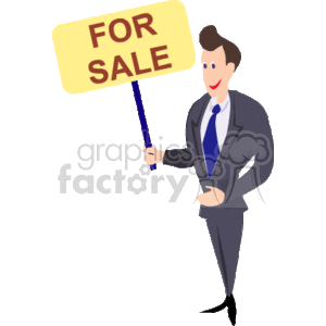 This clipart image features a smiling man dressed in professional attire, consisting of a suit and tie, holding up a FOR SALE sign. The individual appears to represent a realtor or salesman and is indicative of the real estate industry and sales professions.