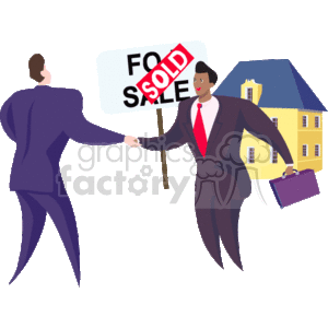 The image depicts two men, likely representing real estate agents, shaking hands in front of a stylized illustration of a house. One of the men is holding a briefcase, which indicates professionalism, and between them is a For Sale sign with a Sold sticker across it, which suggests that they have successfully closed a deal on the sale of a property.