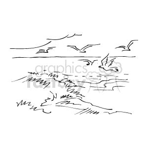 The clipart image depicts a stylized scene of an ocean coast with waves and flying birds. It looks like a simplistic line drawing that might be used for various design purposes.