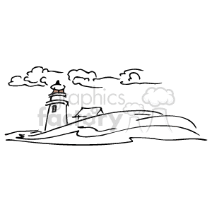 This clipart image features a coastal scene with a lighthouse perched on a rocky outcrop. There are waves indicative of an ocean or sea with patterns suggesting movement in the water. The sky has a few clouds, and the scene suggests a tranquil yet isolated location typical of many lighthouses on the East Coast.