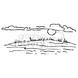The clipart image depicts a serene ocean scene with gentle waves and a coastal landscape. The focus is on the tranquility of the sea with wispy clouds in the sky above and grasses or low vegetation visible on the shore. The image conveys a sense of calmness and natural beauty associated with coastlines.