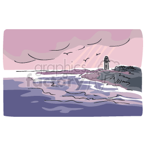 This clipart image features a serene coastal scene with a body of water that could be an ocean or a large lake. There is a beach depicted along the water's edge, and on the rocks, there is a lighthouse, suggesting guidance for ships. The sky above appears to be at either sunrise or sunset, with pinkish-hued clouds and birds flying in the distance, contributing to the tranquility of the scene.
