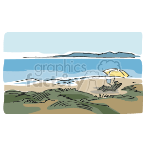 This clipart image depicts a tranquil beach scene. Key elements include a sandy shore with tufts of grass, a beach chair awaiting a visitor, a beach umbrella providing shade, calm ocean waters, and a hint of land or islands visible on the horizon across the water.