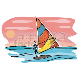 This clipart image depicts a colorful windsurfing board with a sail on the ocean. The background features a sunset or sunrise, with a pink and orange sky and a stylized sun near the horizon. The water is illustrated with wavy blue lines indicating the sea.