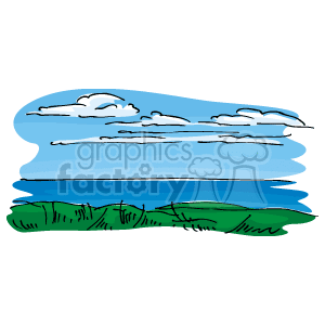 The clipart image depicts a stylized representation of a coastal landscape. It features a blue sky with white clouds, a broad expanse of blue ocean water, and a strip of green land or vegetation that could represent the shore or beach area. The simple lines and bright colors give it a cheerful, cartoonish quality.
Concise 