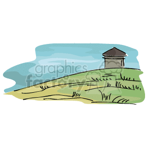 The clipart image shows a simple representation of a coastal scene. There's a grassy hill with a small structure, possibly a watchtower or lighthouse, on top of it. The ocean is depicted in the background with waves, and the sky above has a few clouds.