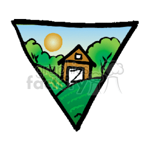 The clipart image features a simple, stylized depiction of a barn within a countryside landscape. The barn is centrally located in the image, with a sun visible in the top left corner, suggesting it may be either sunrise or sunset. The image is framed within a triangular border, and it includes green rolling hills and trees surrounding the barn suggesting a peaceful, rural setting.