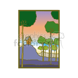 The clipart image depicts a landscape scene with a house perched on a hill. Surrounding the house is a collection of green trees, suggesting a forested area. The backdrop features a sky with gradient colors ranging from yellow to purple, indicating either sunrise or sunset. There are dark outlines delineating the different elements within the composition.