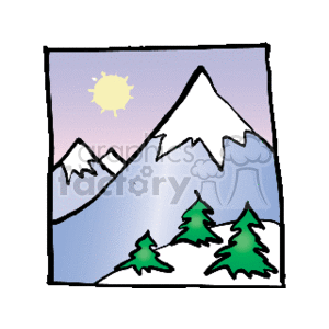 The clipart image features a stylized representation of a mountain landscape. There are two snow-capped mountains with a sun in the sky and a gradient of pink and light blue, possibly indicating either dawn or dusk. In the foreground, there are several evergreen trees that could be pines or firs, suggesting a forested area at a lower elevation.
