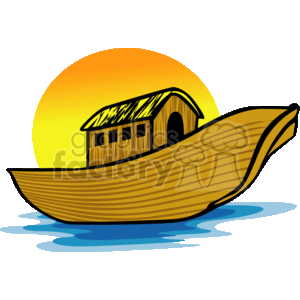The clipart image depicts Noah's Ark, a key element from the Old Testament of Christian and Jewish religious traditions. It shows a large wooden ark with windows and a roof, floating on water against the backdrop of a large orange-yellow sun. The style is simple and cartoonish, typical of clipart.