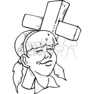 The image is a black and white clipart depicting a smiling girl with a large Christian cross behind her. The girl appears to have braided hair and is wearing what could be a headband.