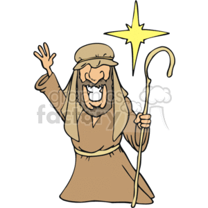 This clipart image depicts a cartoon of a joyful shepherd holding a staff and raising one hand towards a shining star, often associated with Christian religious narratives such as the Nativity story.