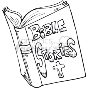 The clipart image shows an opened book illustrated with the words Bible Stories on the right page, along with a small Christian cross symbol. The book appears to be a depiction of a traditional Bible or a collection of stories from the Bible, commonly used in religious education and storytelling.