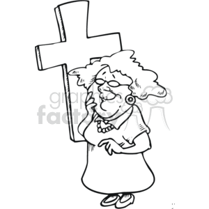 The clipart image depicts a senior lady standing next to a large Christian cross. She looks joyful or content, as she is smiling and has her eyes closed. She appears to be in a moment of reverence or prayer. Her attire includes a dress, a necklace, and she's wearing glasses. The image is stylistically simple, with no shading, and is likely intended to represent themes of faith, spirituality, or religious devotion in Christianity.