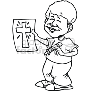 The clipart image features a cartoon of a child holding up a piece of paper with a cross drawn on it. The child is smiling and appears to be presenting or admiring the drawing. The keywords suggest a connection to Christian religion, and the mention of african+american lds could imply that the child may represent an African American member of the LDS (Latter-day Saint) Church, although there is no specific cultural or religious attire that explicitly confirms this.