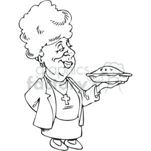 The clipart image shows a content elderly lady with a large, curly hairstyle, holding a pie. She is wearing a necklace with a cross pendant, indicative of her Christian faith. Her attire includes a cardigan and an apron, which suggests she is engaged in a home-baking activity, a common stereotype associated with grandmothers.