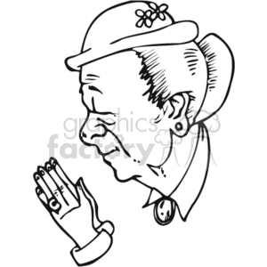 The clipart image depicts an elderly woman with her eyes closed, wearing a hat decorated with flowers, and her hands clasped together in front of her face, suggesting that she is engaged in prayer or a moment of reflection.