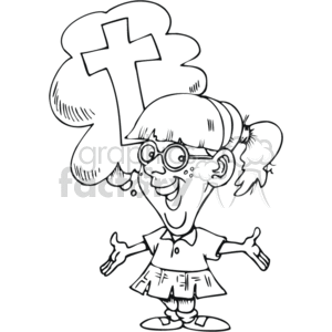 This clipart image features a young girl with pigtails, glasses, and freckles. She is smiling broadly and looking upwards towards a thought bubble that contains a Christian cross, symbolizing that she is thinking or dreaming about her faith or religious concepts.