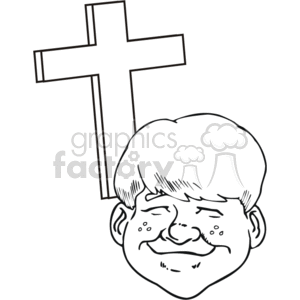 The image is a black and white clipart featuring a smiling boy's face below a Christian cross. The illustration has a simple and cartoonish style, typically used in educational materials or religious pamphlets aimed at children.