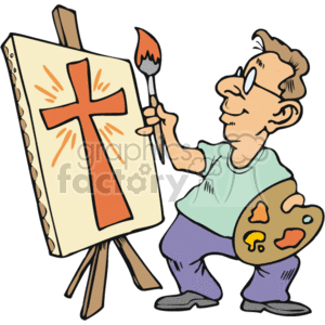 The clipart image depicts a cartoon of a man painting a Christian cross on a canvas. He is holding a paintbrush in his hand and a palette in the other, with various colors of paint on the palette. The cross is painted prominently in the center of the canvas, with radiating lines suggesting light or significance emanating from it.