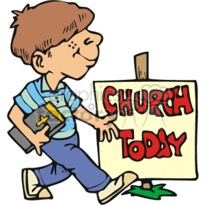 This clipart image depicts a cartoon boy with brown hair walking and holding a black book, presumed to be a Bible, tucked under his arm. He has a content expression on his face and is looking ahead as he walks by a sign that reads CHURCH TODAY in bold, red letters. The sign is staked into the ground and there's a green plant at the base of the sign. The boy is wearing a striped short-sleeve shirt and what appear to be beige pants, and sneakers.