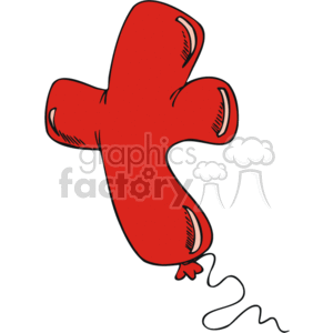 The clipart image displays a stylized red balloon in the shape of a Christian cross. The cross appears to be slightly inflated, suggesting it is a balloon, with a knot at the bottom and a curling string hanging down.