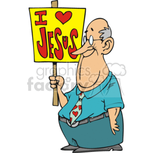 The image is a cartoon clipart depicting a man holding a sign that reads I Love Jesus with the word LOVE represented by a heart symbol. The man appears to be smiling and wearing casual clothing, and the overall tone of the image suggests a lighthearted and positive expression of Christian faith.