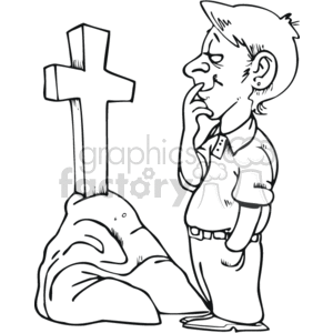 The clipart image features a contemplative man standing beside a Christian cross. The man appears to be deep in thought, with one hand placed on his face, as if pondering or remembering something significant. The cross is prominently standing atop a mound, possibly suggesting a memorial or grave site.