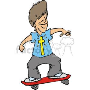 The clipart image depicts a cartoon of a young male skateboarder riding a skateboard. The skateboarder has a happy expression and is balancing on the board with his arms extended for balance. He is wearing casual clothes: a short-sleeved t-shirt with a cross symbol on it which might suggest a religious or Christian theme, and grey pants. The skateboard is red, and the young skateboarder appears to have brown hair.