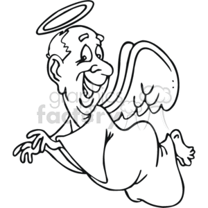 The clipart image shows a cartoon-style figure of an angel. This angel has a halo above its head, large wings on its back, and is depicted in a cheerful pose with a wide smile. It appears to be designed for coloring activities, likely intended for a younger audience given its simple and playful style.