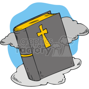The clipart image depicts a gray bible with a yellow cross on its cover, positioned on a cloud, possibly representing a holy or heavenly concept. The background is a simple blue with additional white clouds around the bible, emphasizing its spiritual or divine association.