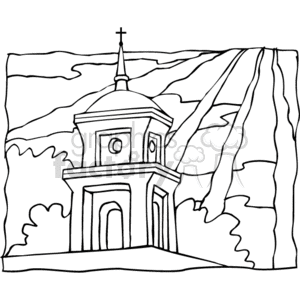 The clipart image depicts a simplistic drawing of a church. Notable features include a central building with an entrance, windows, and a dome topped with a Christian cross. The church is framed by what appears to be rays of light or sunlight in the background, and there are some clouds above, while bushes or small trees flank its sides.