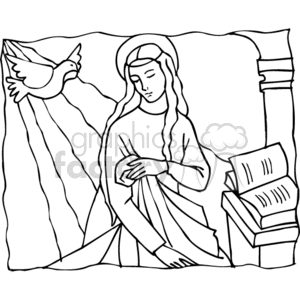 The clipart image depicts a serene religious scene that is likely associated with Christian iconography. It shows a figure that represents Mary (often referred to as Marie in French and other languages), identifiable by her halo and modest dress, in a posture of prayer or contemplation. A dove is present above her to the left, which typically symbolizes the Holy Spirit within Christianity. There also appears to be a book or a set of scriptures on a pedestal or table to the right of Mary, which may represent the Bible or other holy text.