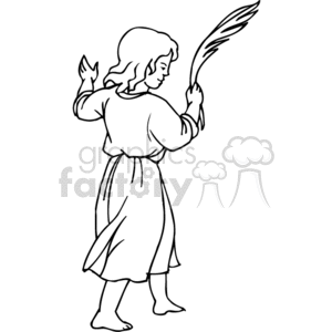 This clipart image depicts a line drawing of a young person dressed in simple, traditional attire with a robe or tunic and a belt, holding what appears to be a palm frond. The person is captured in a peaceful pose, which might suggest themes of peace or religious celebration.