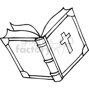The clipart image shows an open book with a cross on one of its pages, which is commonly used to represent the Bible or Christian religious text. The book has a cover with visible binding and texture, and the pages are slightly ruffled, indicating that it's meant to look like a hardcover book in use.
