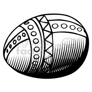 The clipart image shows a stylized Easter egg. The egg is decorated with patterned bands that feature various designs, including circles and triangles, and textured shading on one side, implying curvature and depth.