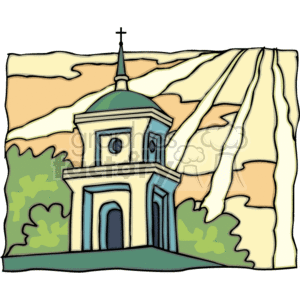 The clipart image features a stylized drawing of a Christian church. The church has a prominent dome with a cross at the top, which is a typical feature of many Christian churches. Surrounding the church are what appear to be hills or mountains in the background and some green foliage, possibly trees, indicating that the church is situated in a natural setting. The image has a cartoon-like aesthetic with bold outlines and bright colors.