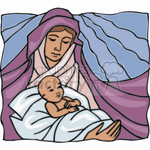 This is a clipart image depicting a scene from the Christian Nativity story, featuring the Virgin Mary clothed in a blue and white garment cradling the baby Jesus, who is wrapped in white swaddling clothes.