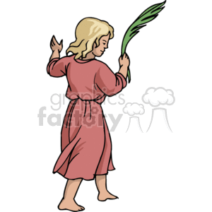The clipart image depicts a young child dressed in a pinkish robe holding a green palm frond, which is a symbol often associated with Christian religious celebrations, specifically Palm Sunday. The child appears to be in a peaceful or worshipful pose, with eyes closed and one hand raised.