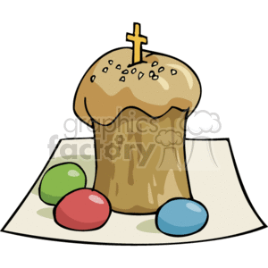 This clipart image depicts a traditional Christian Easter cake, often referred to as a Kulich, which is a type of Easter bread common in Eastern Orthodox Christian cultures. It has a golden-brown crust, sprinkled with some sesame or poppy seeds on top, and a Christian cross on the peak. Beside the cake, there are three painted eggs in green, red, and blue colors, which symbolize the rebirth and resurrection associated with the Christian celebration of Easter. These elements are displayed on a white napkin or cloth.