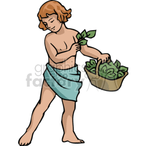 The image depicts a childlike figure, possibly representing an angel, with curly hair and wearing a draped cloth around the waist. The child is holding a branch with leaves in one hand and a basket full of similar leafy branches in the other hand. The style is reminiscent of Christian religious art, but simplified in a clipart form.