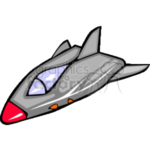 The image shows a cartoon-style clipart of a space shuttle or spaceship, typically used to represent space travel or science fiction concepts in a simplified and visually engaging manner. The spaceship is composed of a sleek design with a pointed red nose cone, gray body, a couple of fins or wings, and orange accent details with a blue-tinted cockpit window.